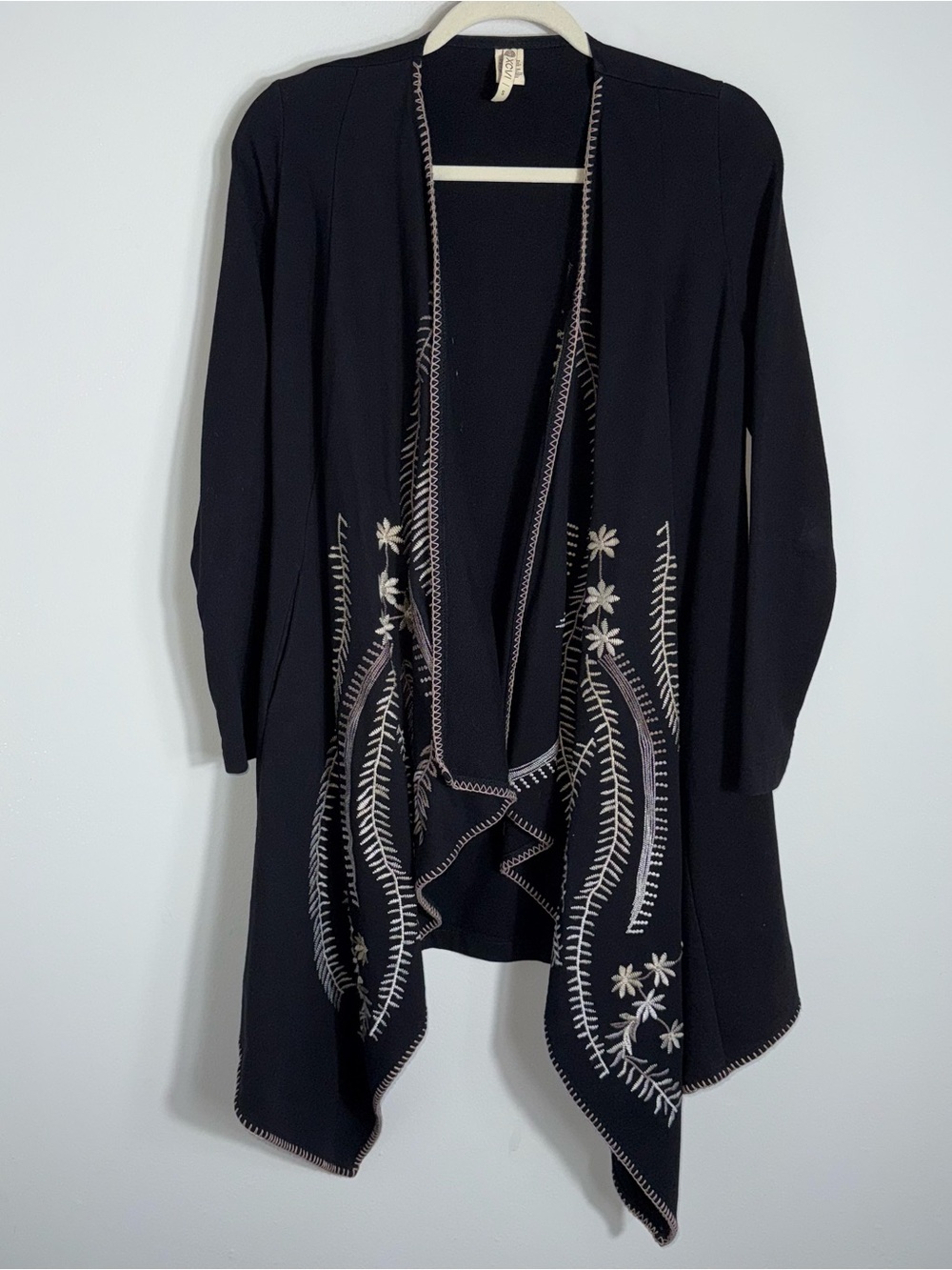 XCVI Women's Open Front Cardigan Jacket-Black Tan Embroidery-Cotton-Size Small